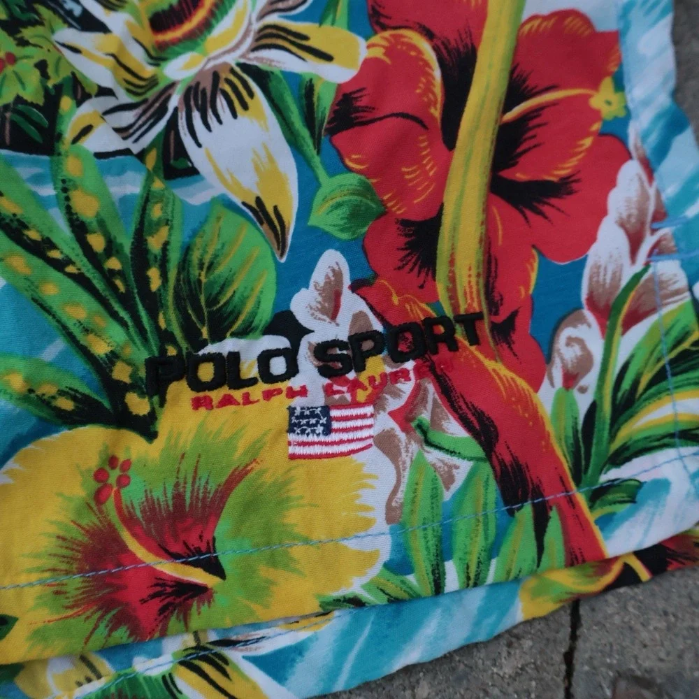 VTG Polo Sport Ralph Lauren Board Shorts Swim Mens Hawaiian All Over Print Sz XL